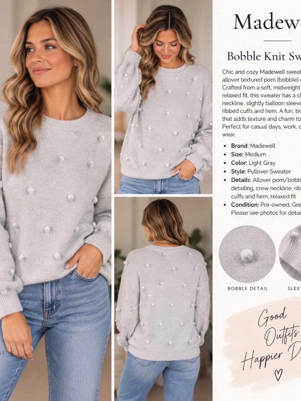 Madewell Bobble Pom Pom Knit Sweater Women’s Medium Light Gray Balloon Sleeve